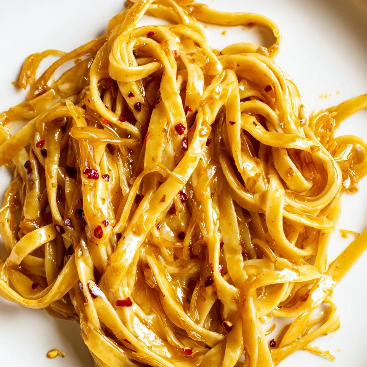 Creamy Sweet Heat Caramelized Onion Fettuccine topped with fresh parsley and Parmesan cheese