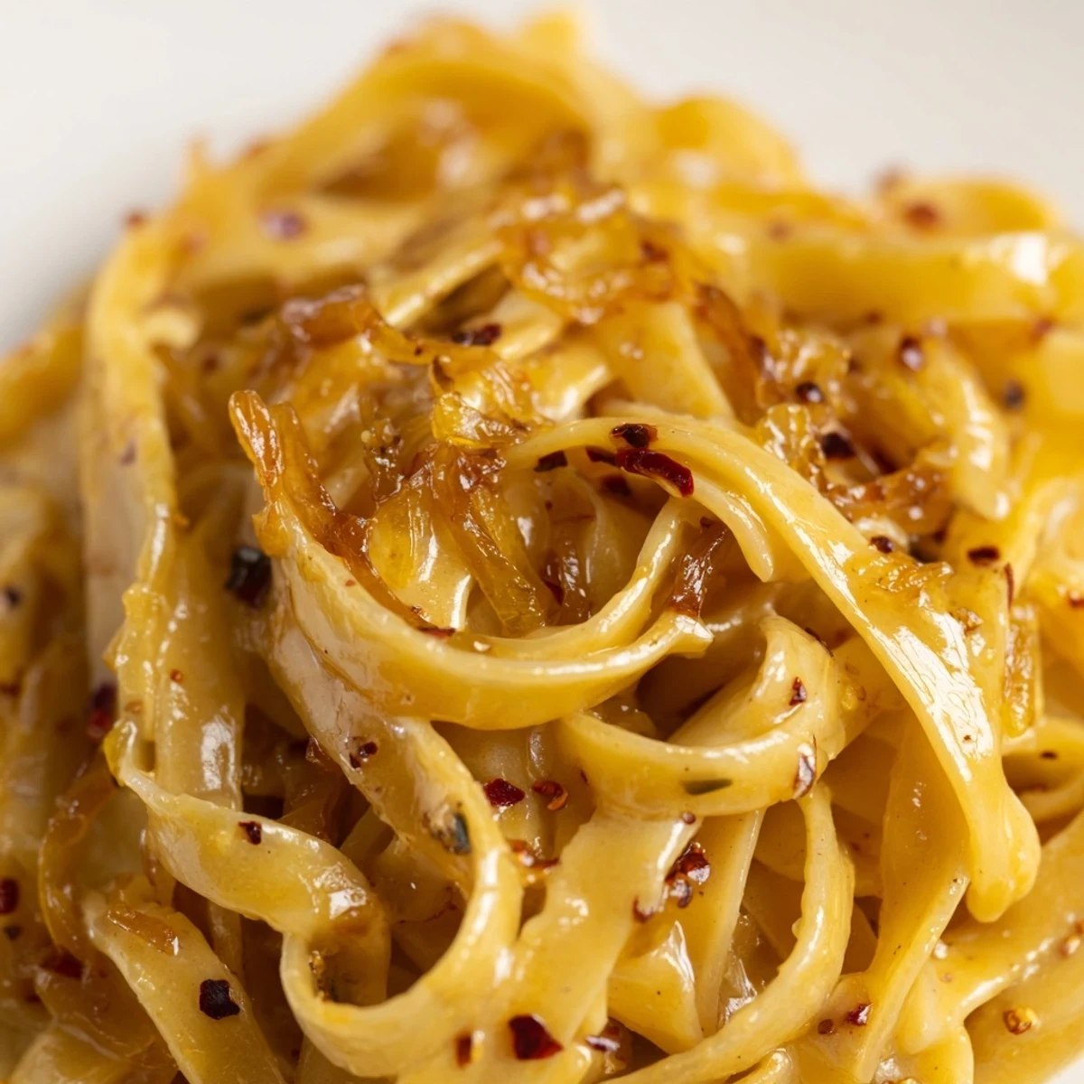 Golden caramelized onions coat Sweet Heat Caramelized Onion Fettuccine in a creamy, spicy sauce