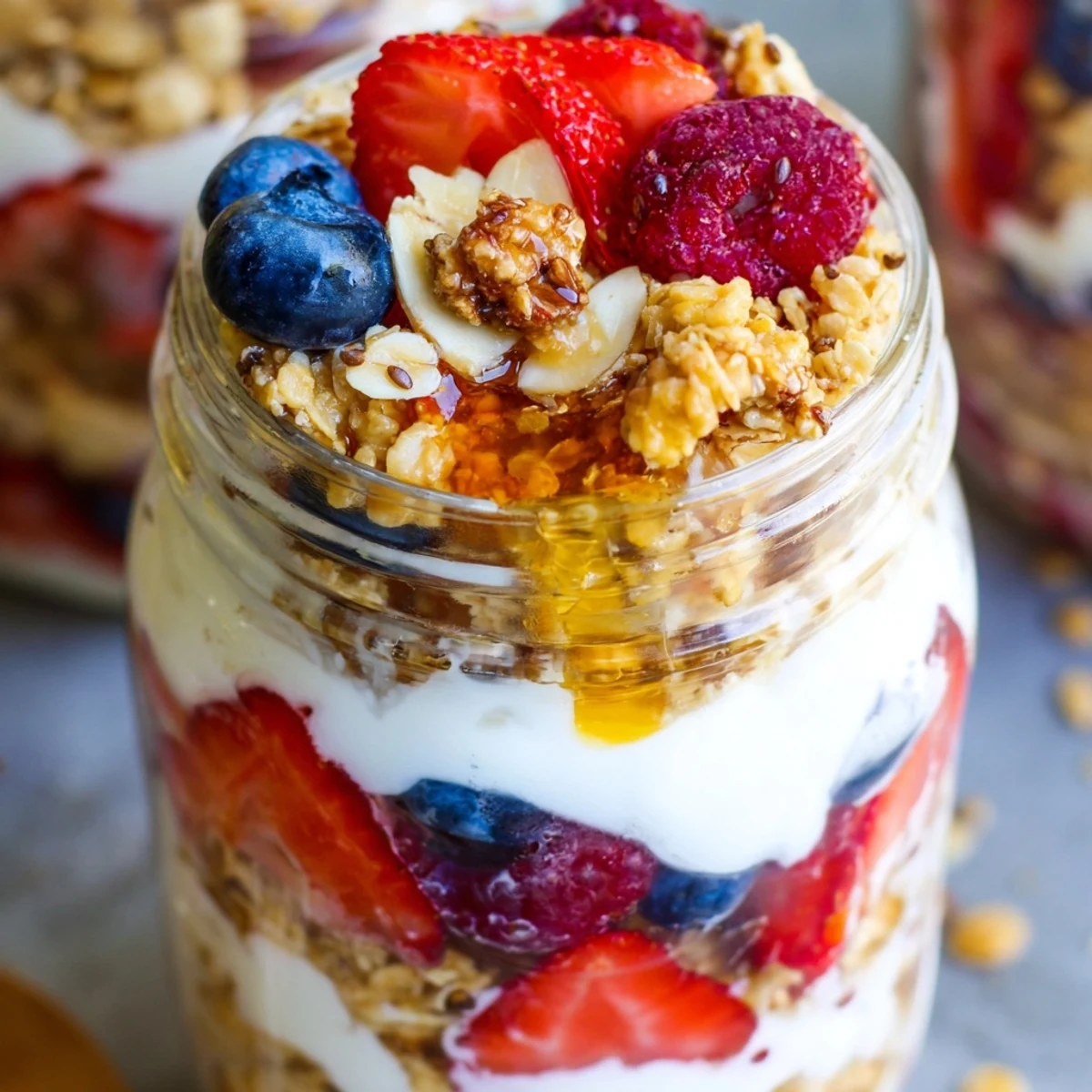 Creamy Greek yogurt parfait layered with fresh berries and crunchy granola in a glass