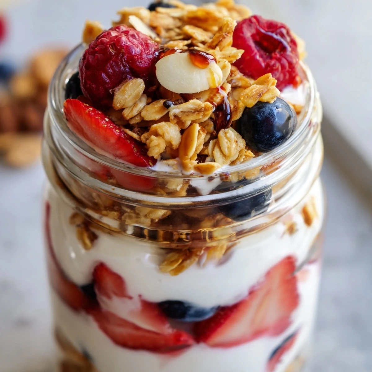 Greek yogurt parfait topped with vibrant mixed berries and golden honey drizzle