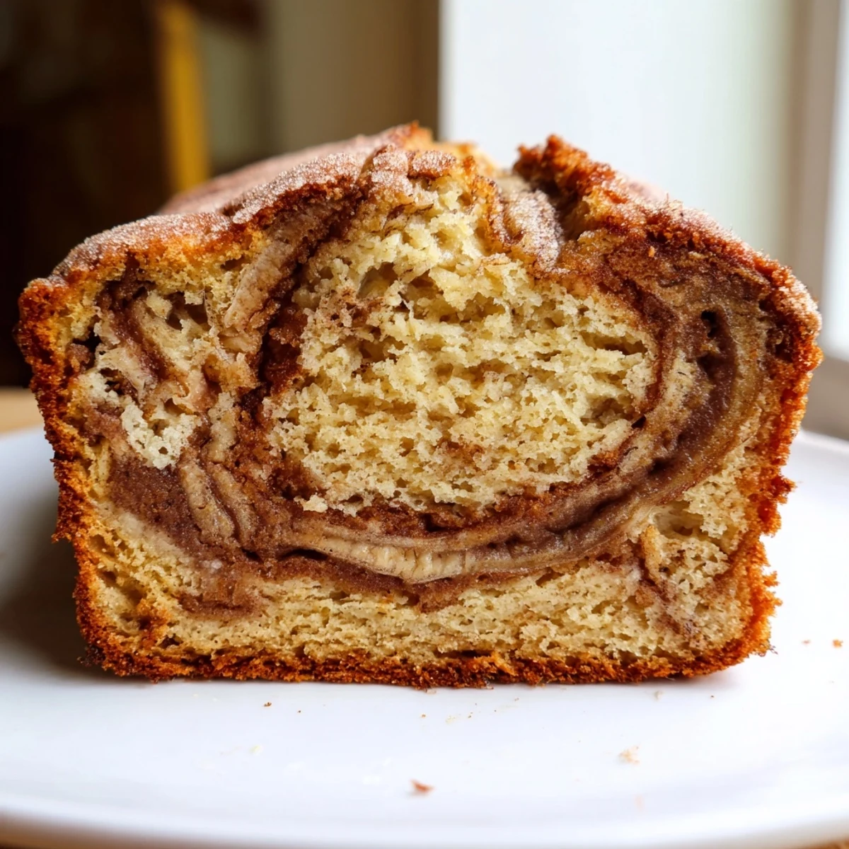 Moist cinnamon sugar swirl banana bread with marbled cinnamon ribbon throughout tender golden loaf