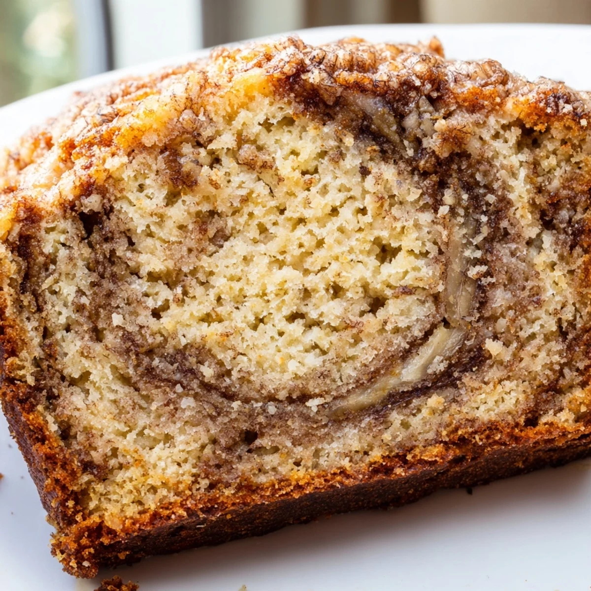 Warm slice of cinnamon sugar swirl banana bread showing swirled spiced interior on wooden board