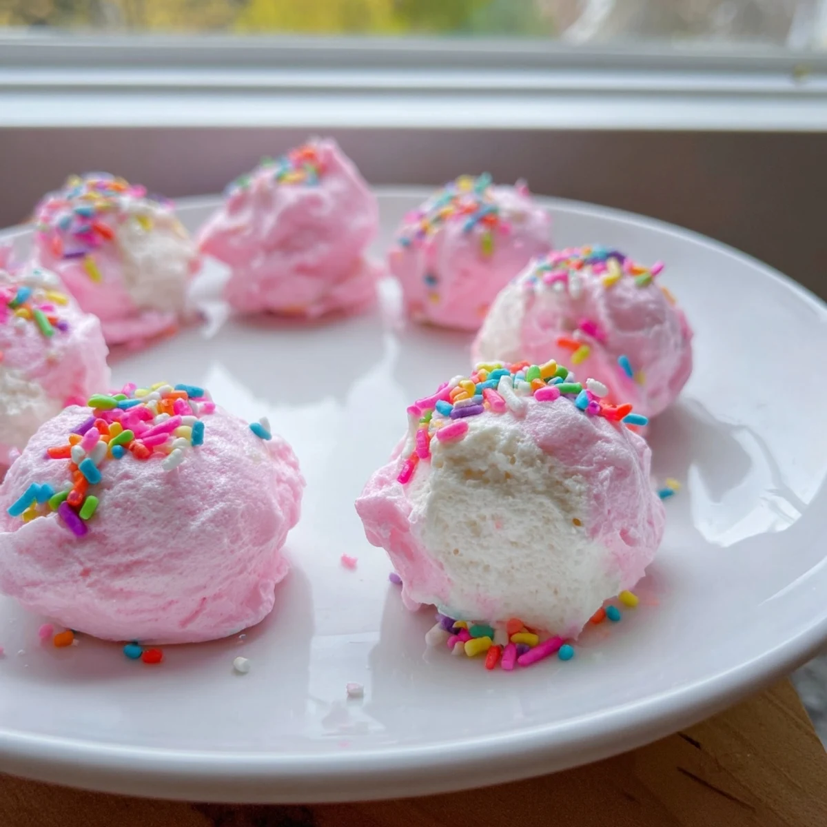 Pink cotton candy cheesecake puff balls arranged on a white serving plate for parties