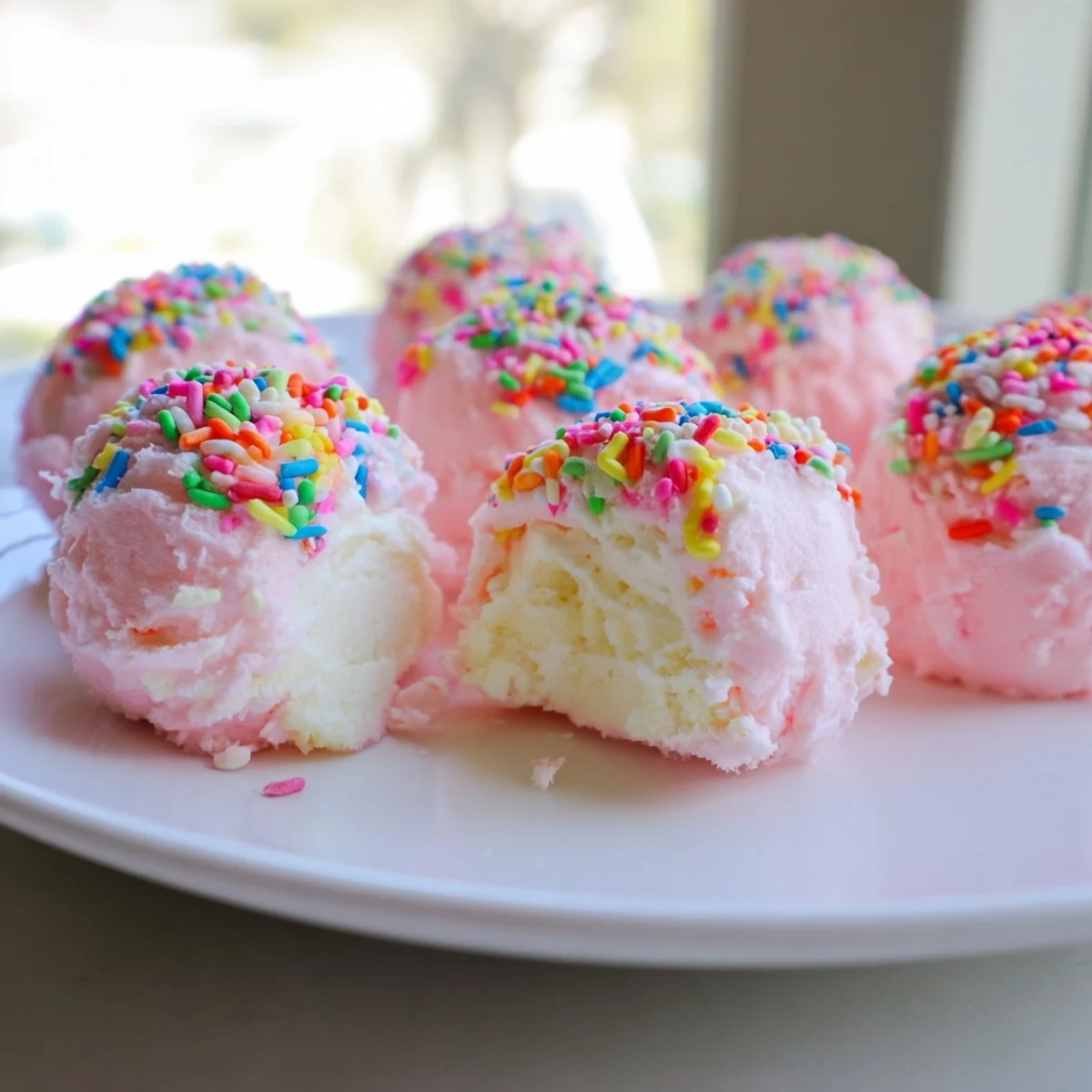 Creamy cheesecake centers wrapped in fluffy pastel cotton candy coating for sweet indulgence