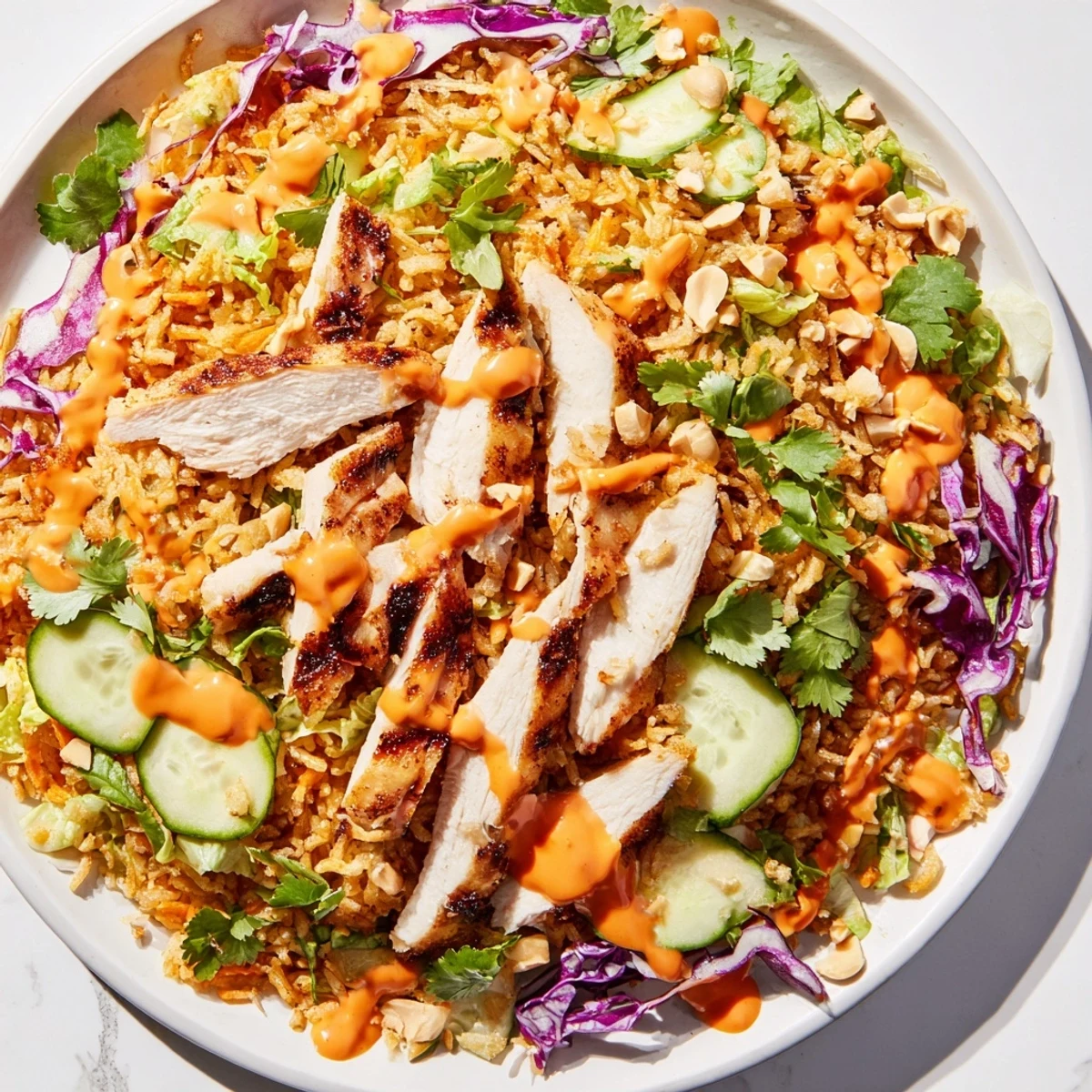 Golden crispy rice crowns this vibrant Bang Bang Chicken salad with creamy spicy sauce