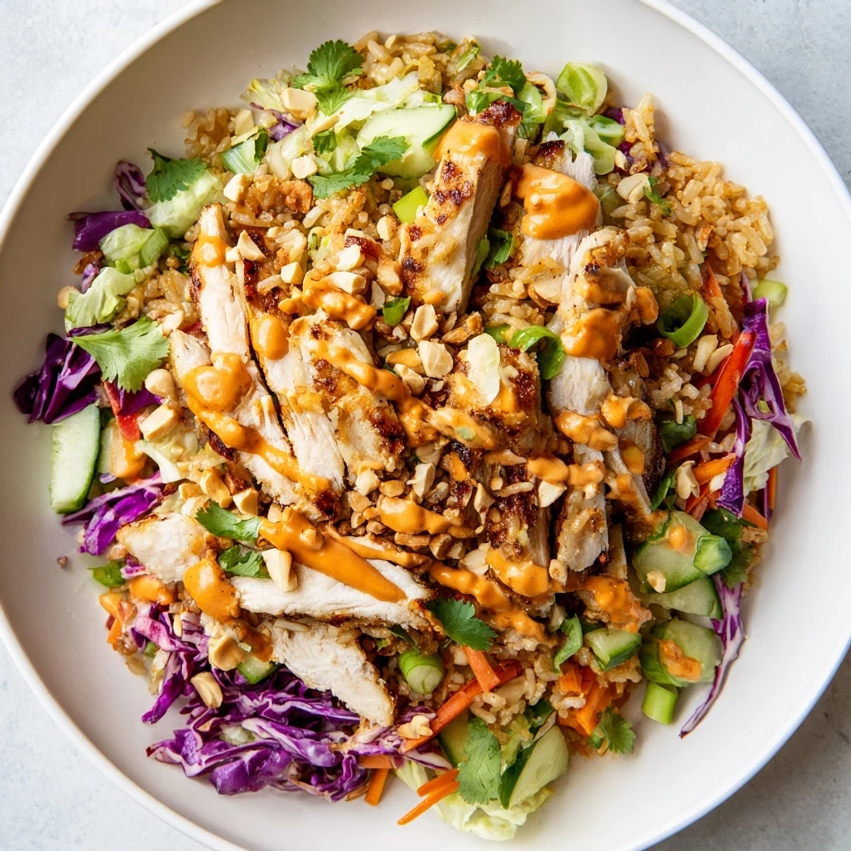 Tender sliced chicken tops fresh colorful vegetables in this zesty Bang Bang Chicken salad
