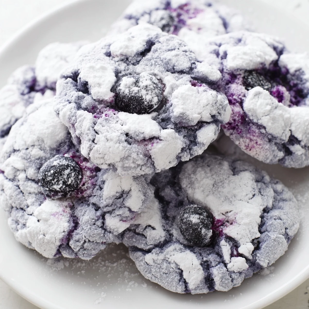 Blueberry Crinkle Cookies with powdered sugar coating display their signature cracked tops on a rustic baking sheet