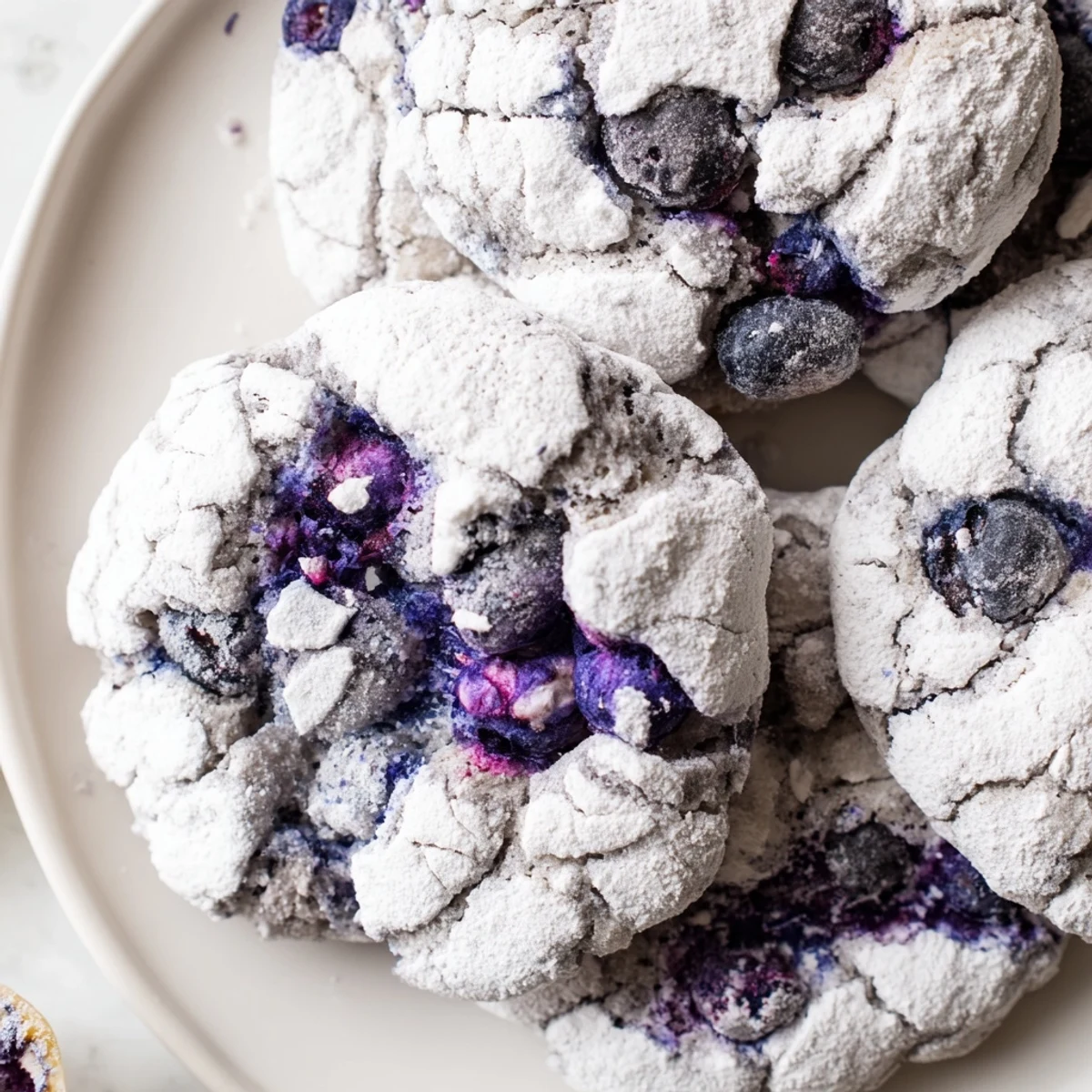 Soft Blueberry Crinkle Cookies showcase purple berry bursts and snowy white sugar against a dark stone backdrop