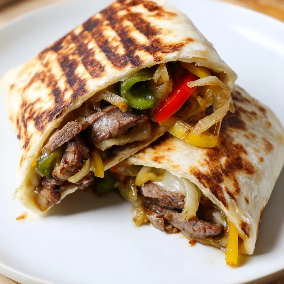 Golden crispy Philly cheesesteak grilled wraps sliced open showing tender steak and melted provolone cheese