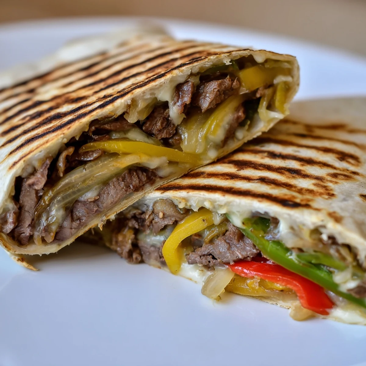 Philly cheesesteak grilled wraps with sizzling peppers onions and gooey cheese in toasted tortillas