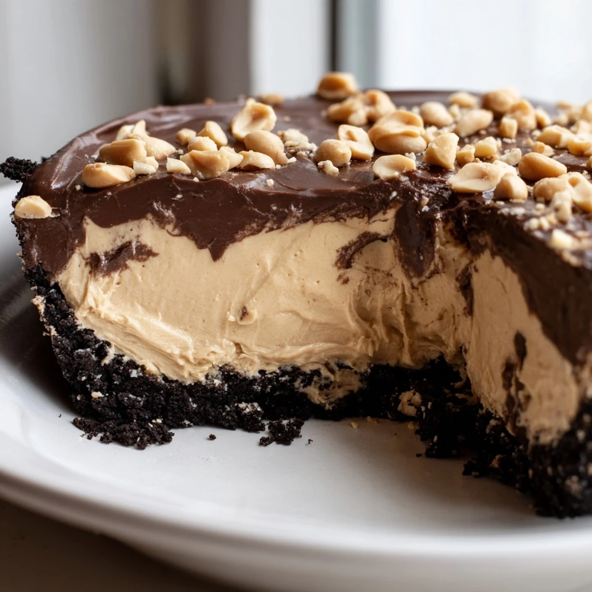 Creamy no bake peanut butter pie sliced and served on a white dessert plate