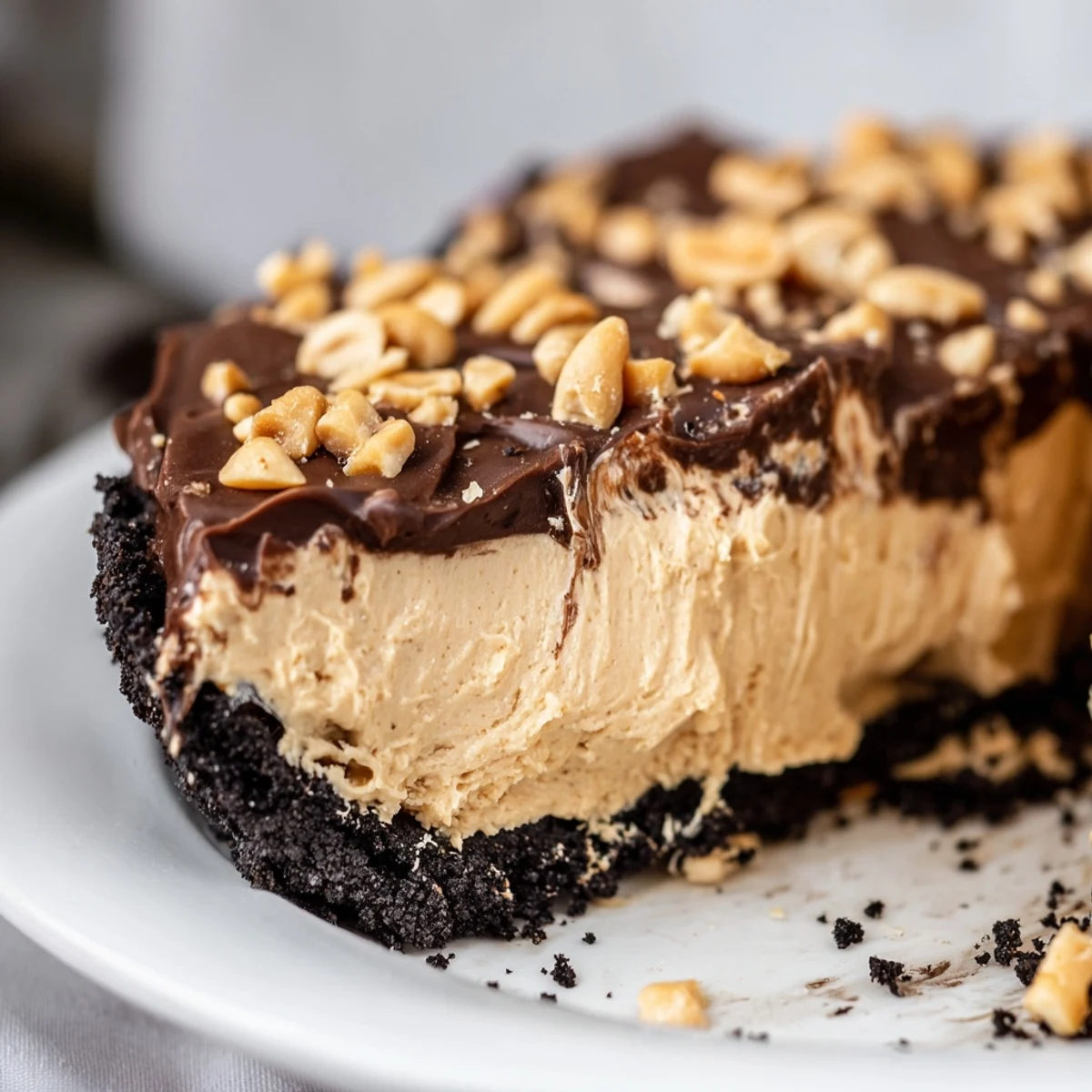 No bake peanut butter pie topped with glossy chocolate ganache and chopped peanuts