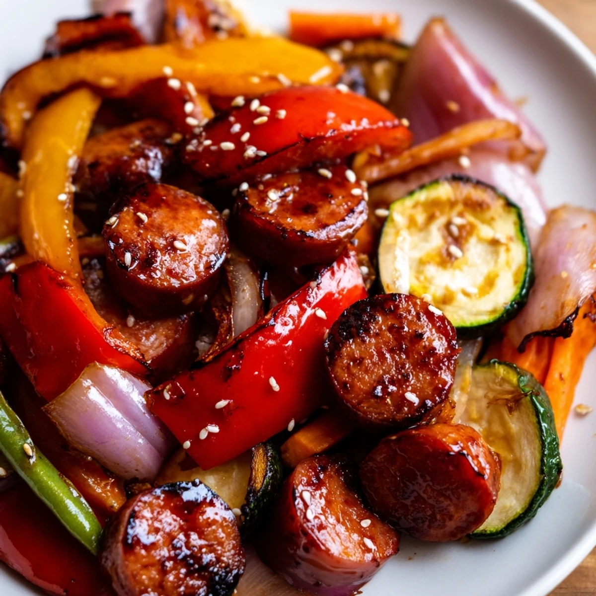 Golden honey garlic kielbasa with colorful bell peppers and zucchini in a glossy skillet glaze