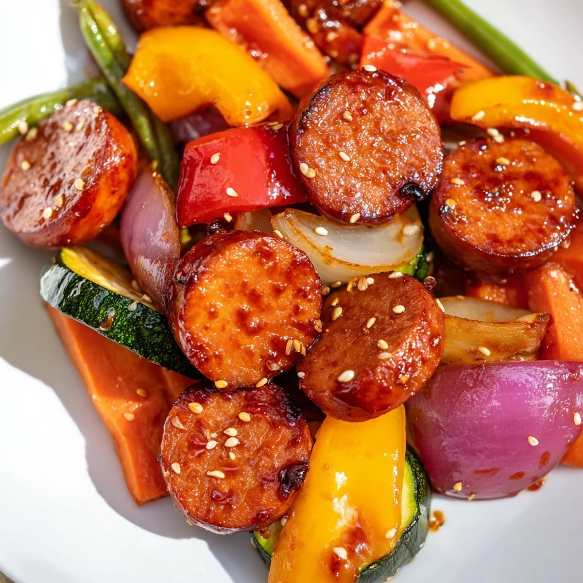 Smoky sliced kielbasa and tender crisp vegetables coated in sticky sweet honey garlic sauce