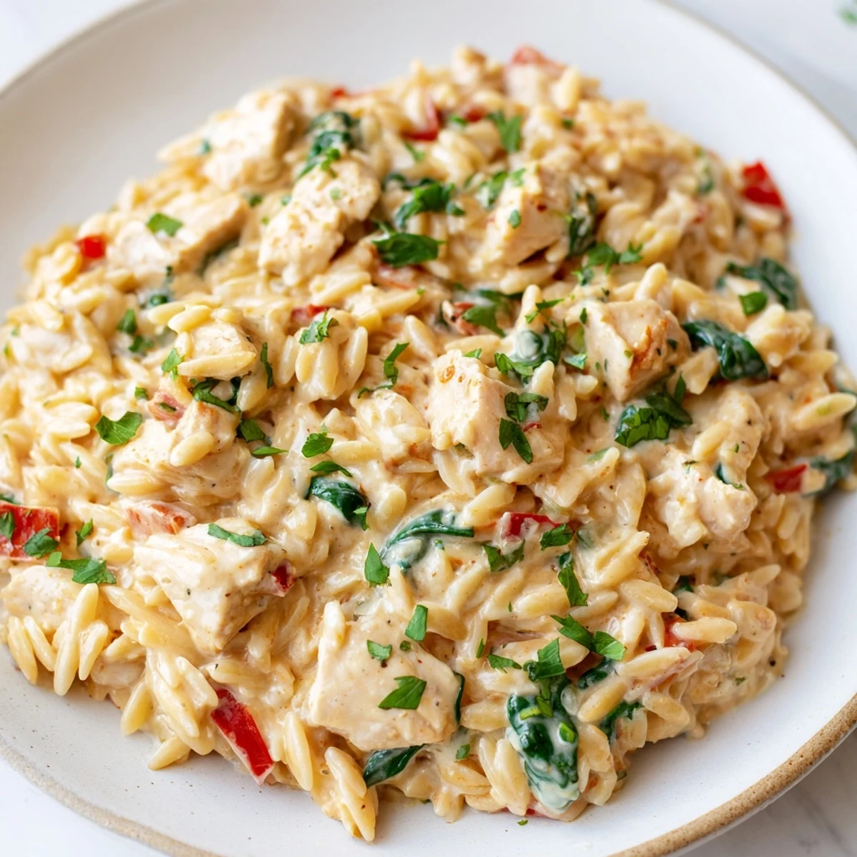 Creamy Cajun Chicken Alfredo Orzo served in a skillet with tender chicken pieces and fresh parsley garnish