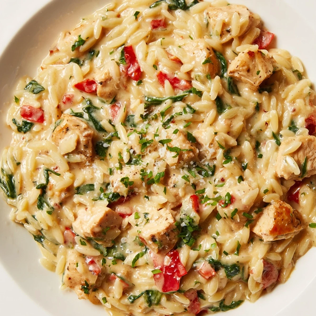 Steaming bowl of One Pot Cajun Chicken Alfredo Orzo with rich sauce, diced peppers, and melted Parmesan