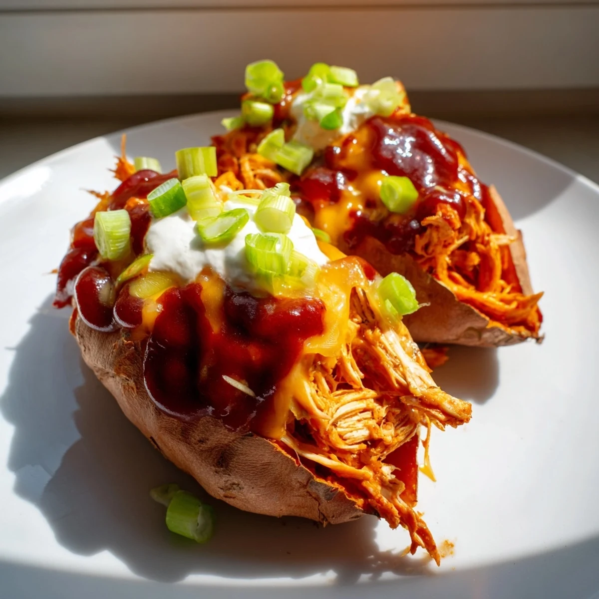 BBQ chicken stuffed sweet potatoes topped with melted cheddar and fresh green onions