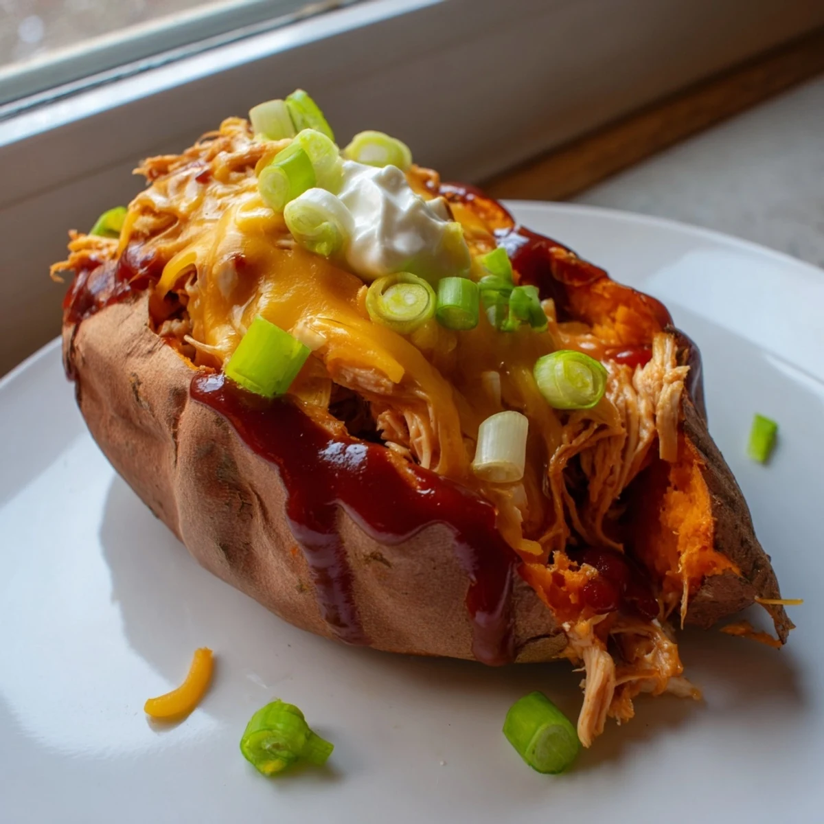 Crispy roasted sweet potatoes overflowing with saucy BBQ chicken and gooey melted cheese
