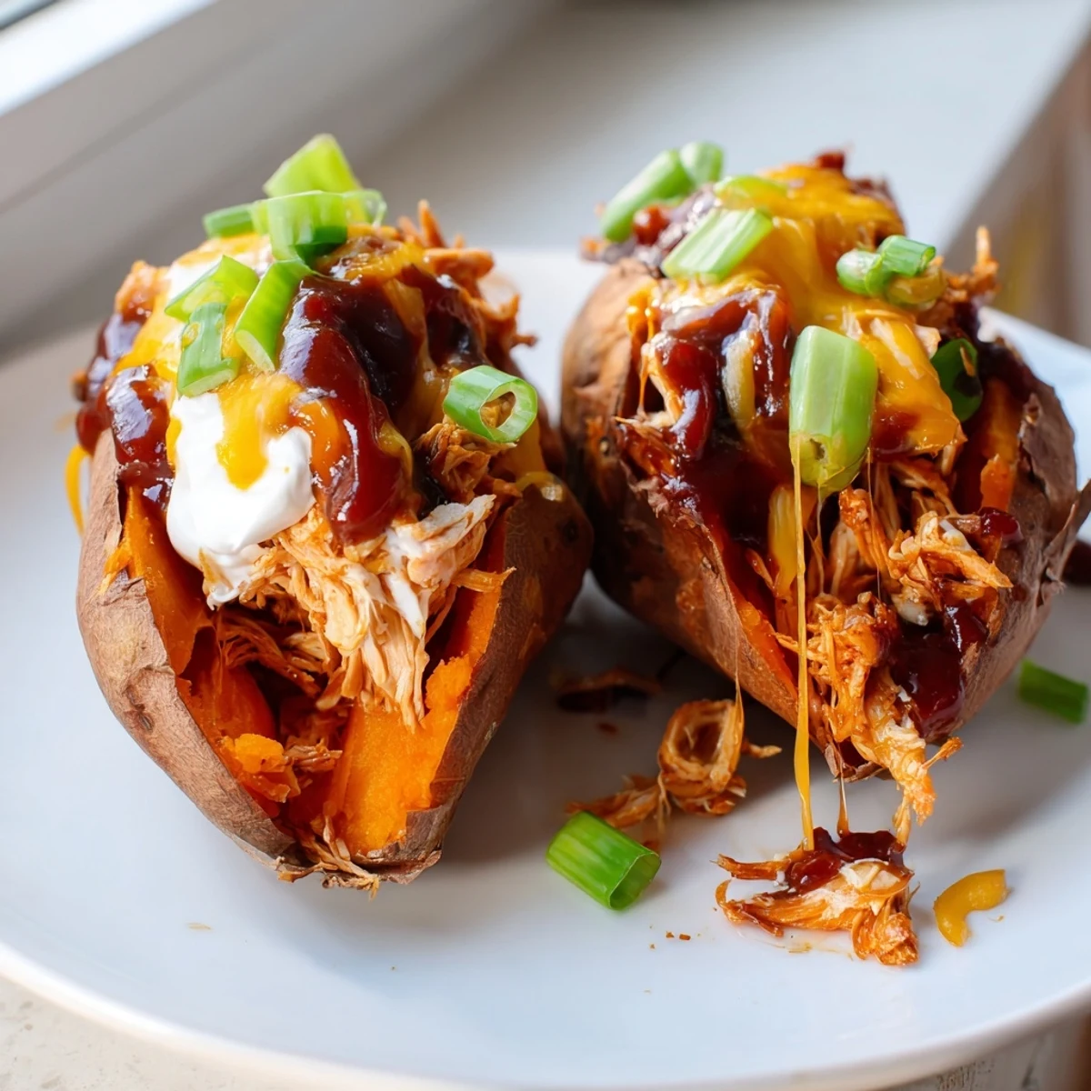 Smoky BBQ chicken piled into fluffy sweet potatoes with sour cream and cilantro garnish