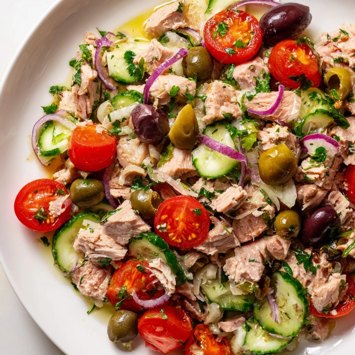 Mediterranean tuna salad in a white bowl with cherry tomatoes, olives, and fresh herbs