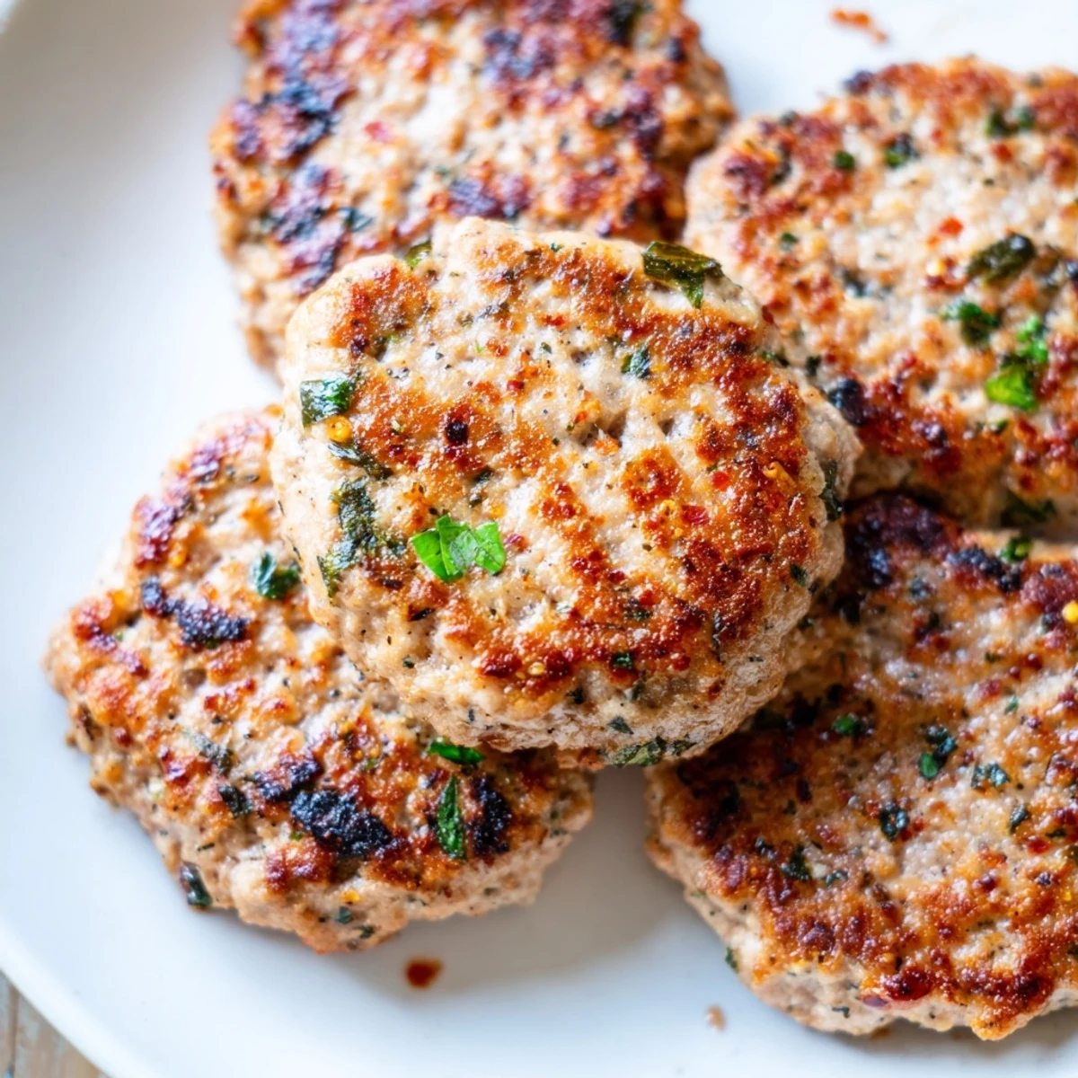 Golden brown ground turkey sausage patties sizzling in a cast iron skillet