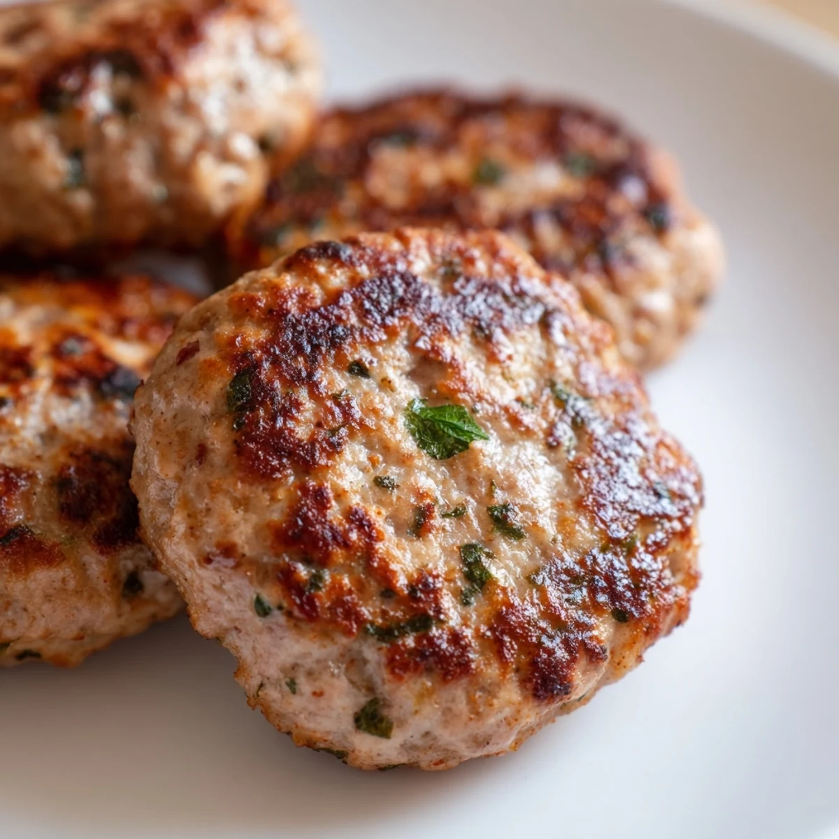 Seasoned ground turkey sausage shaped into perfectly round breakfast patties on a plate