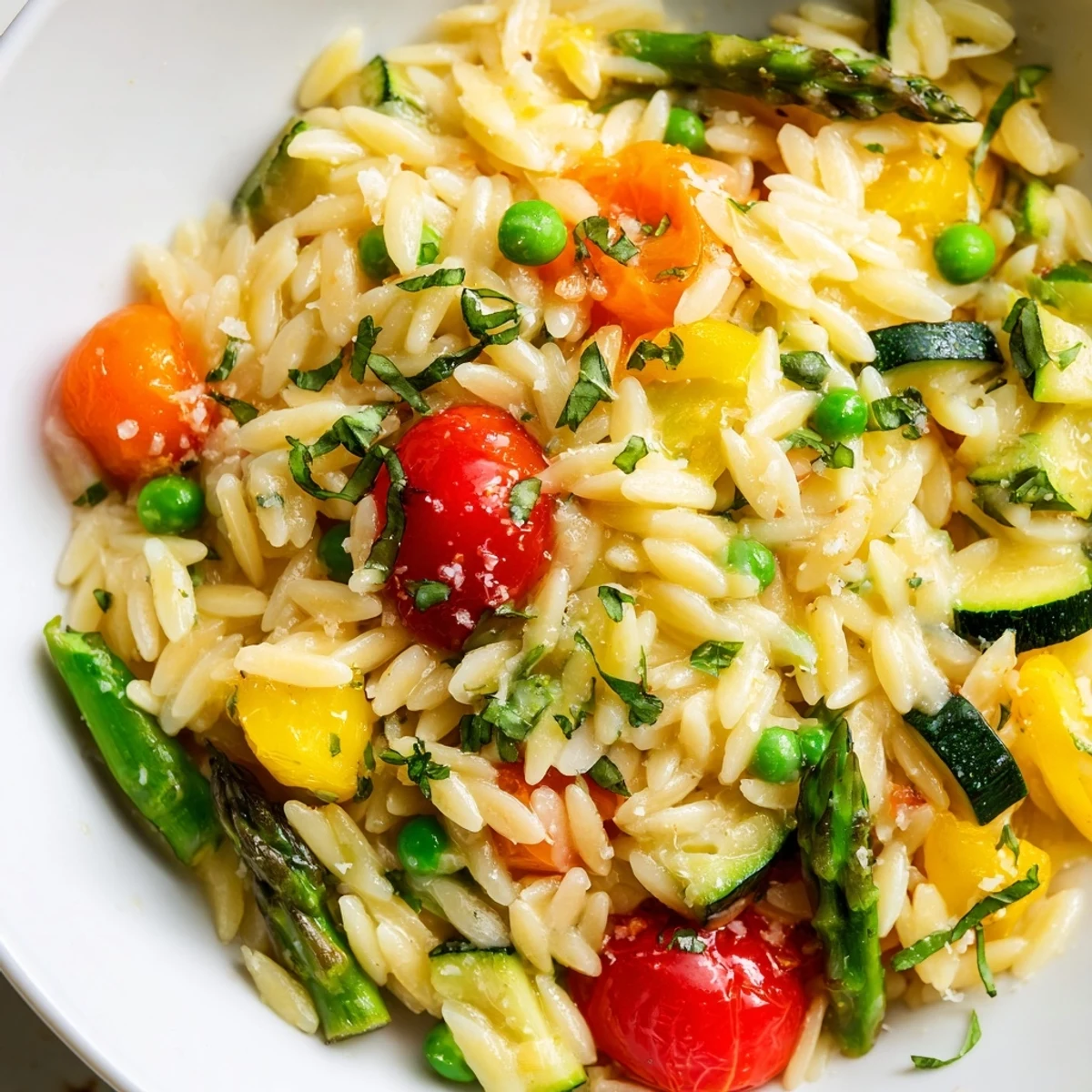 Creamy orzo primavera tossed with colorful spring vegetables and fresh herbs in skillet