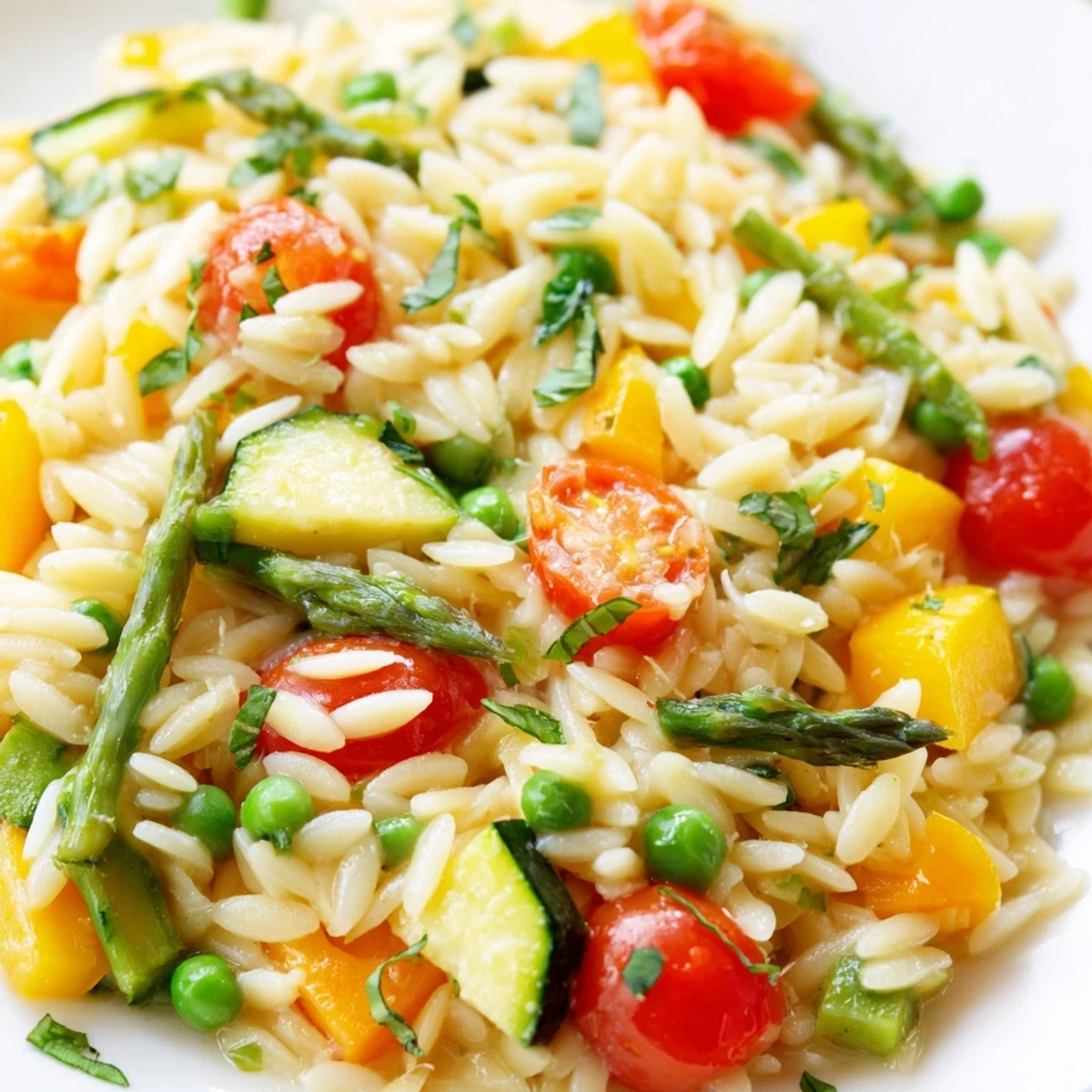 Vibrant orzo primavera with tender zucchini cherry tomatoes and basil on white plate