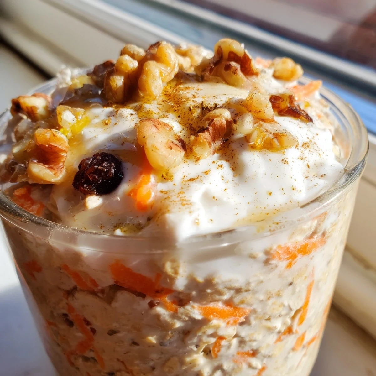 Spiced carrot cake overnight oats served chilled with a drizzle of maple syrup