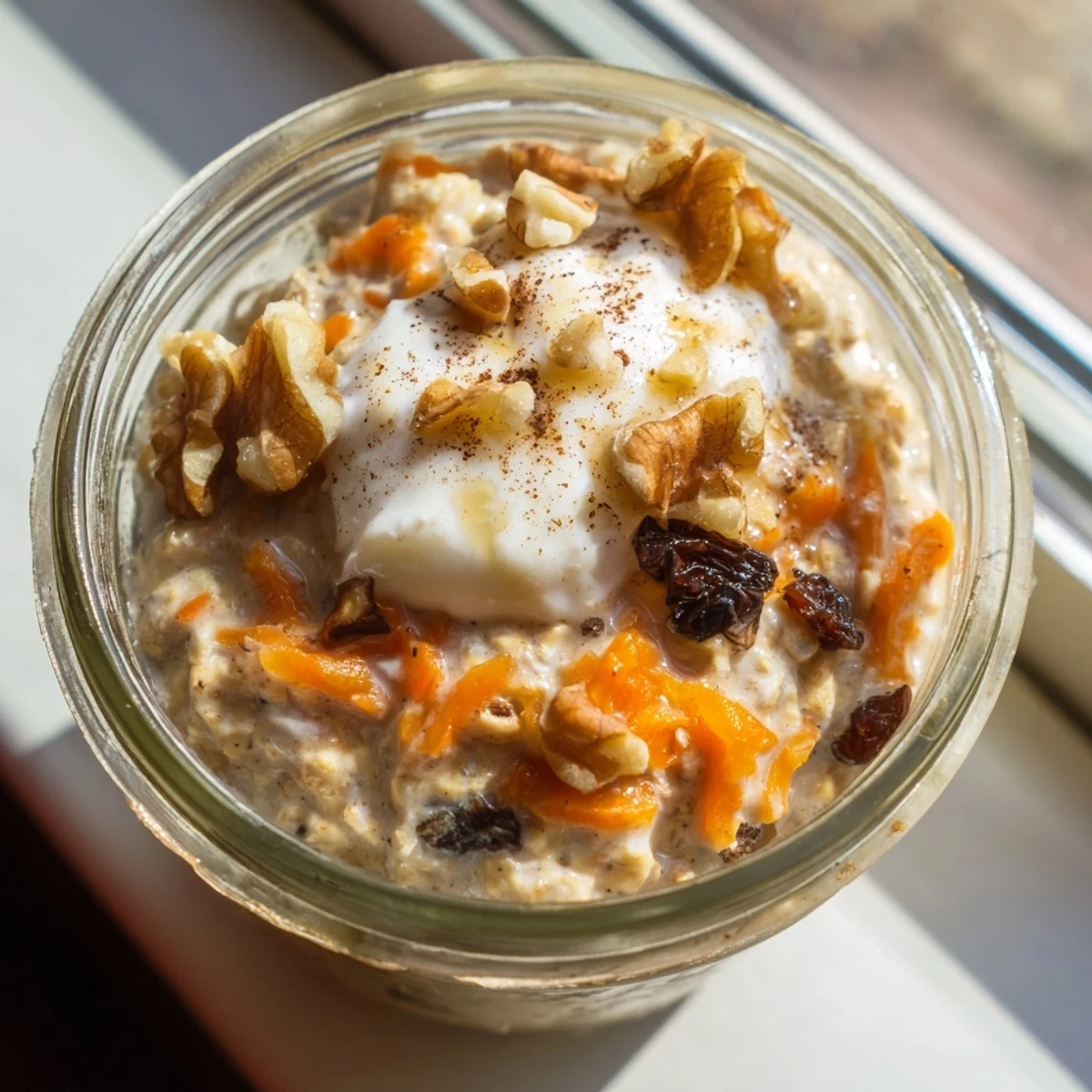 Creamy carrot cake overnight oats topped with walnuts and raisins in a glass jar