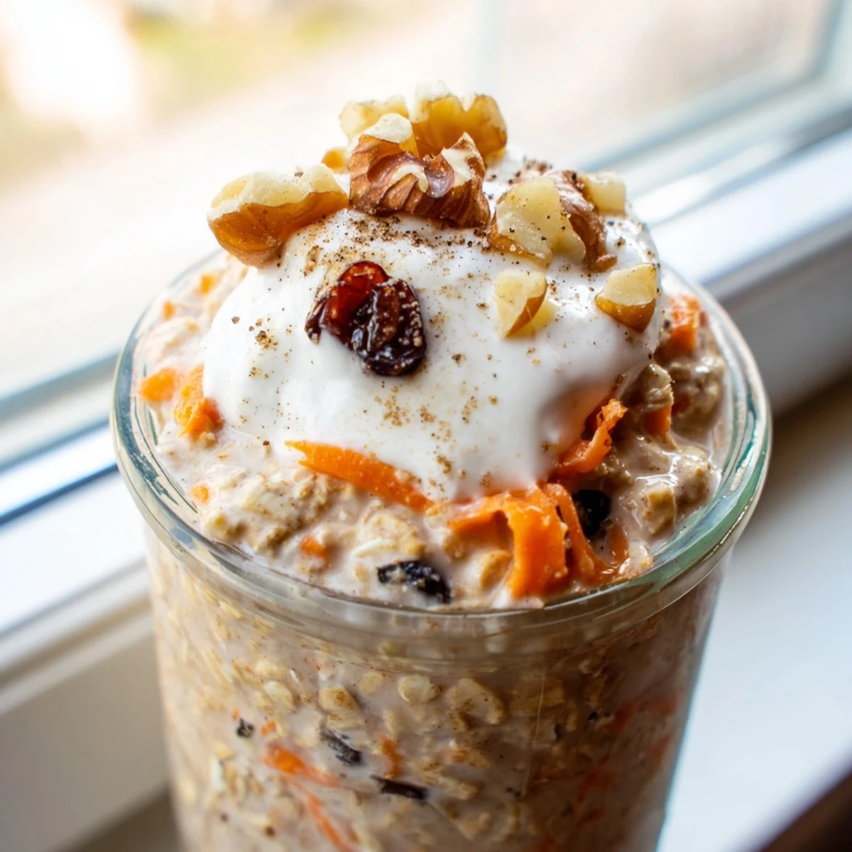 Carrot cake overnight oats in mason jar with grated carrots and Greek yogurt