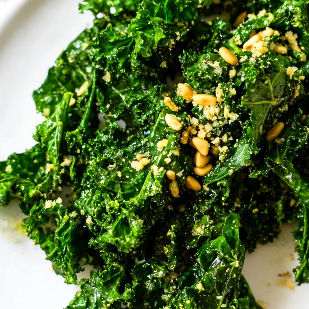 Garlic Lemon Parmesan Kale Salad in a white bowl with shaved cheese and toasted nuts