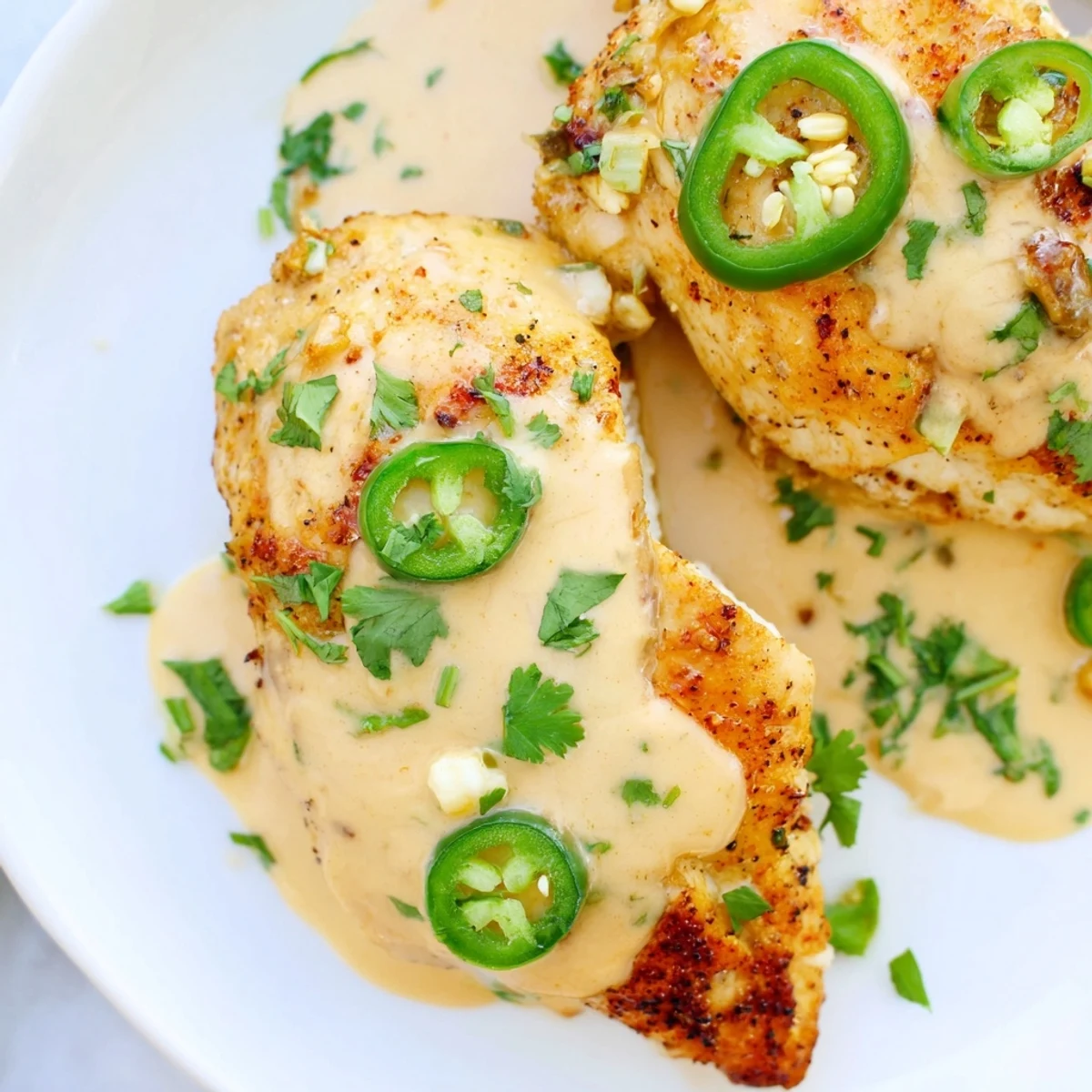 Jalapeno chicken breasts smothered in creamy cheese sauce with sliced fresh peppers on a white plate