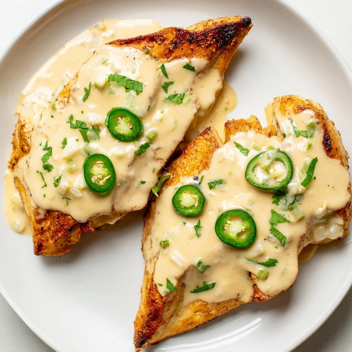 Golden seared jalapeno chicken topped with melted Monterey Jack and scattered cilantro in a cast iron skillet