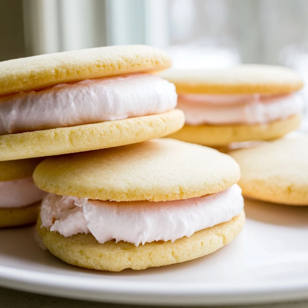 Pastel sugar cookie sandwiches with swirled buttercream filling on a rustic white plate