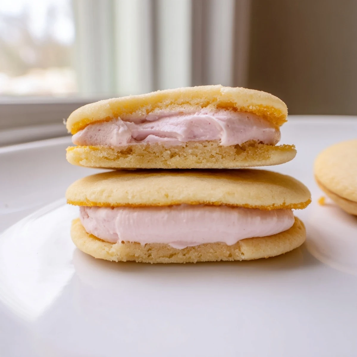 Soft pastel sugar cookie sandwiches arranged on a decorative serving tray for spring