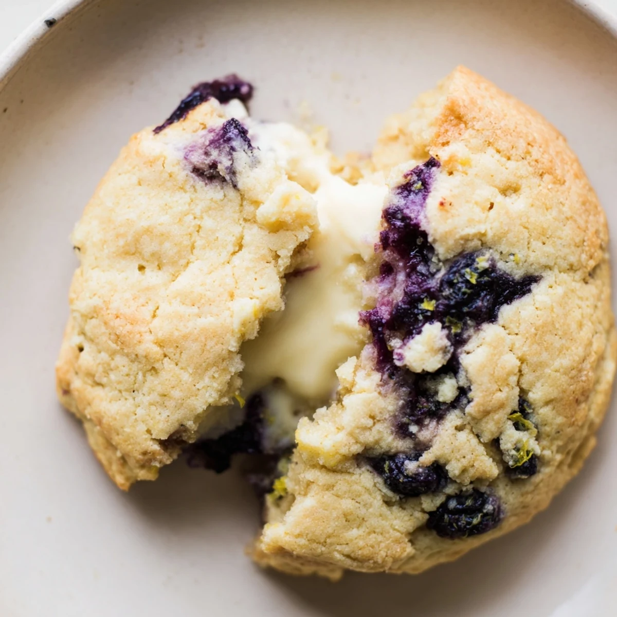 Golden lemon blueberry cheesecake cookies with plump berries on a rustic baking sheet