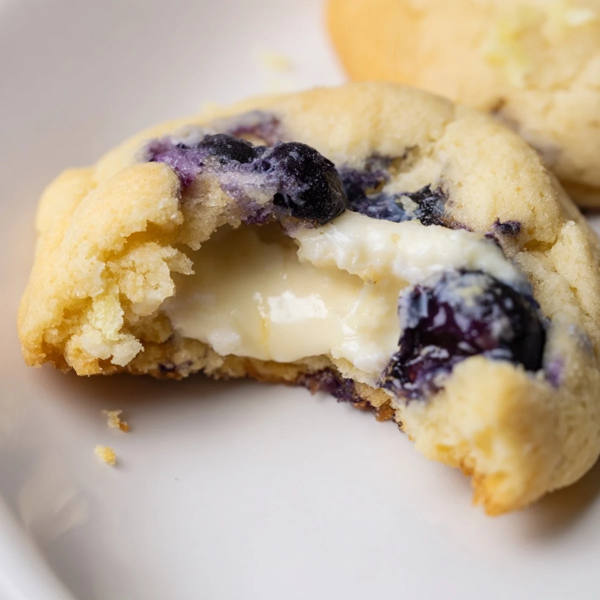 Soft lemon blueberry cheesecake cookies drizzled with glaze on a white plate