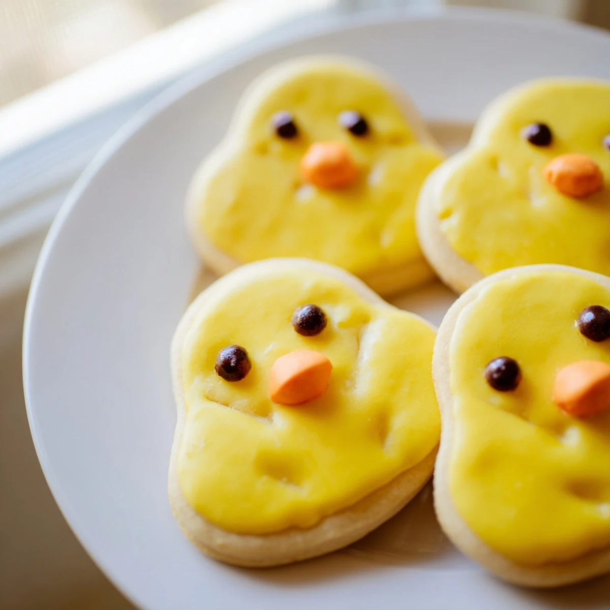 Adorable chick cookies with golden yellow frosting and tiny chocolate chip eyes on a rustic baking sheet
