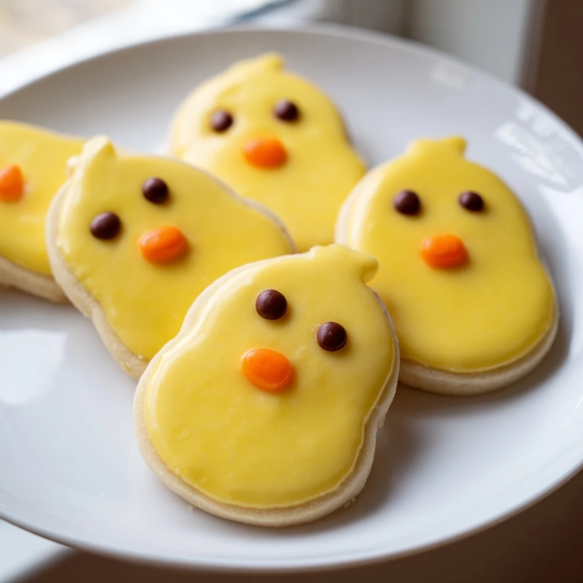 Buttery chick cookies arranged on a pastel spring party plate with colorful sprinkles scattered around
