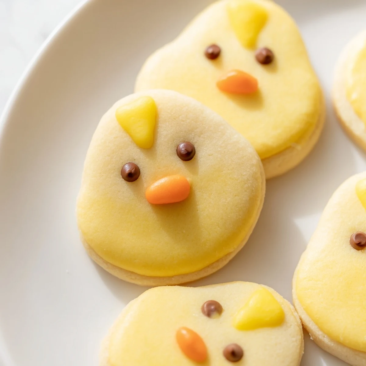 Homemade chick cookies featuring sweet glazed finishes and cute orange candy beaks fresh from the oven