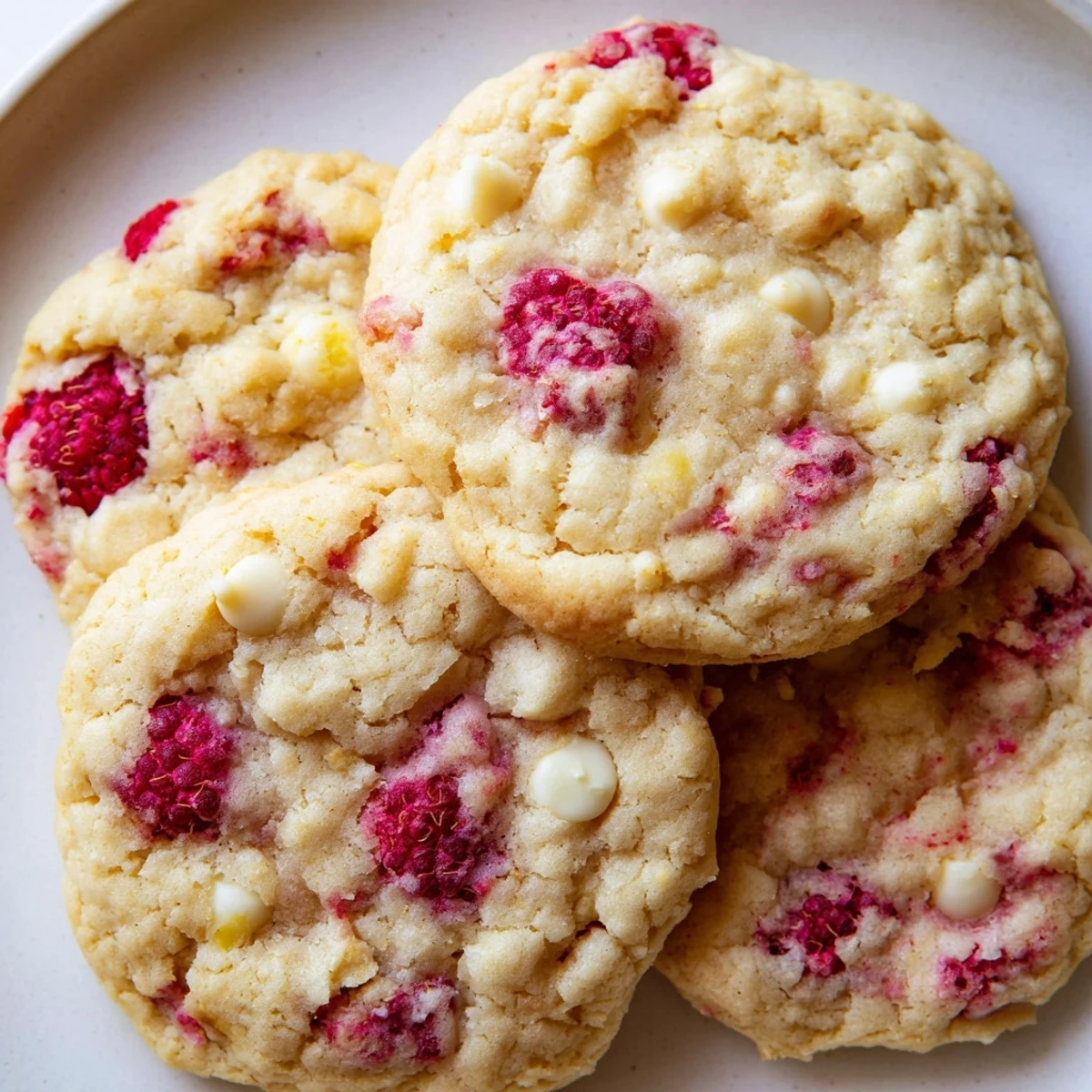 Golden lemon raspberry cookies with raspberry pieces scattered on a rustic white baking sheet