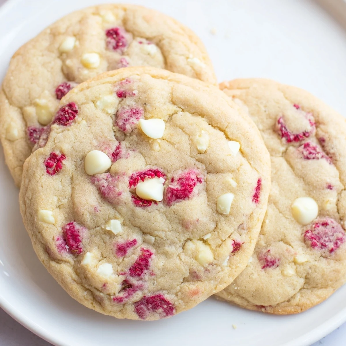 Soft chewy lemon raspberry cookies with bits of red fruit and pale edges