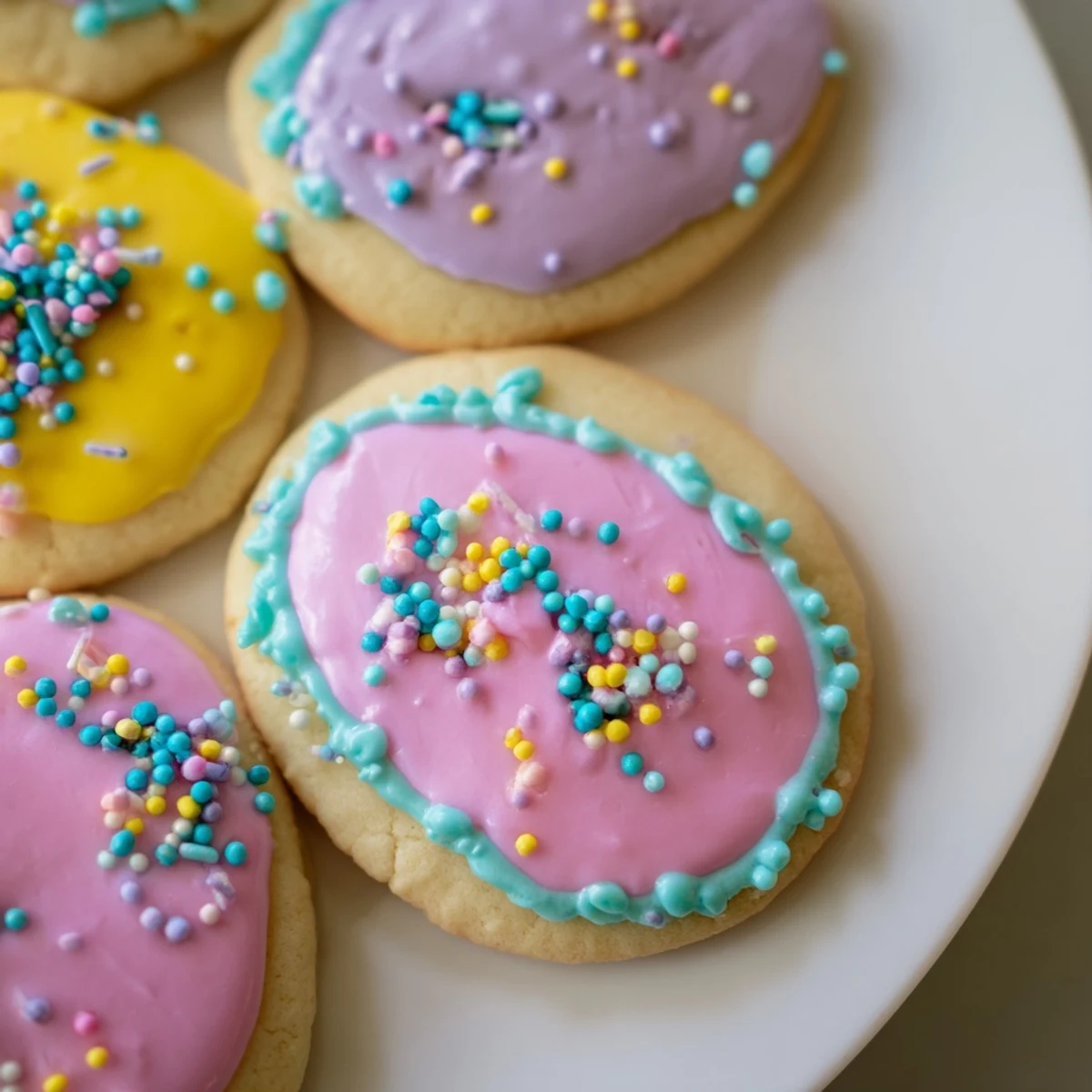 Soft Easter cookies with pastel royal icing and colorful sprinkles on a rustic wooden serving board