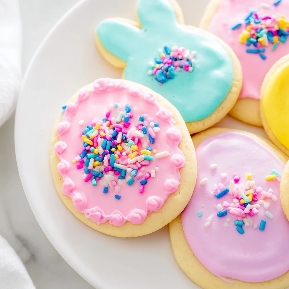 Decorated Easter sugar cookies arranged on a white platter with sweet spring-themed sprinkles and frosting