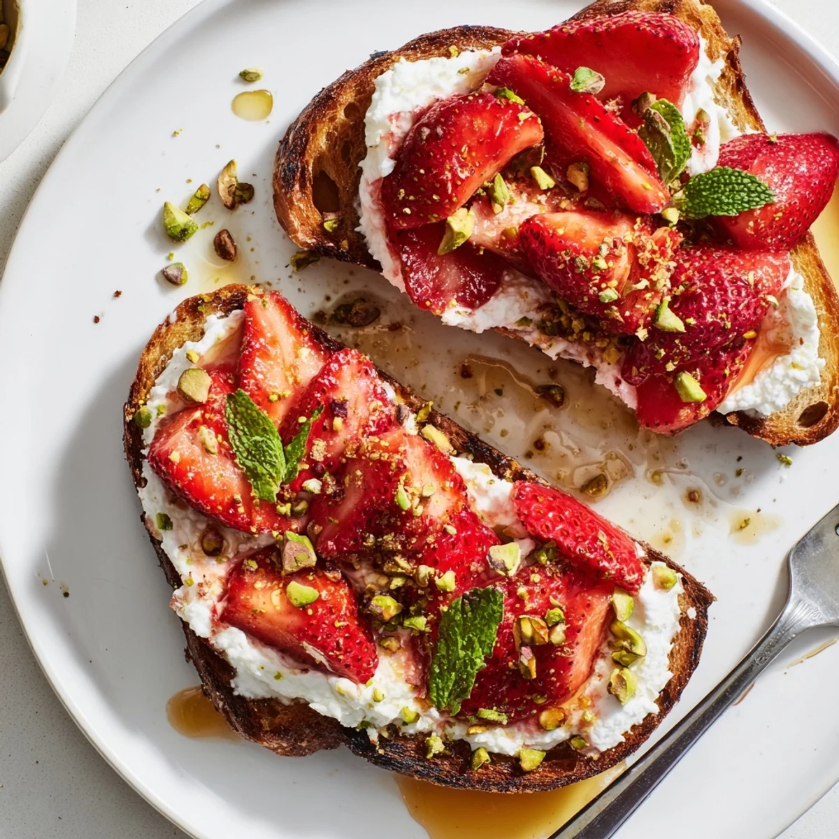 Crispy toast topped with fluffy whipped ricotta and sweet roasted strawberry syrup for brunch