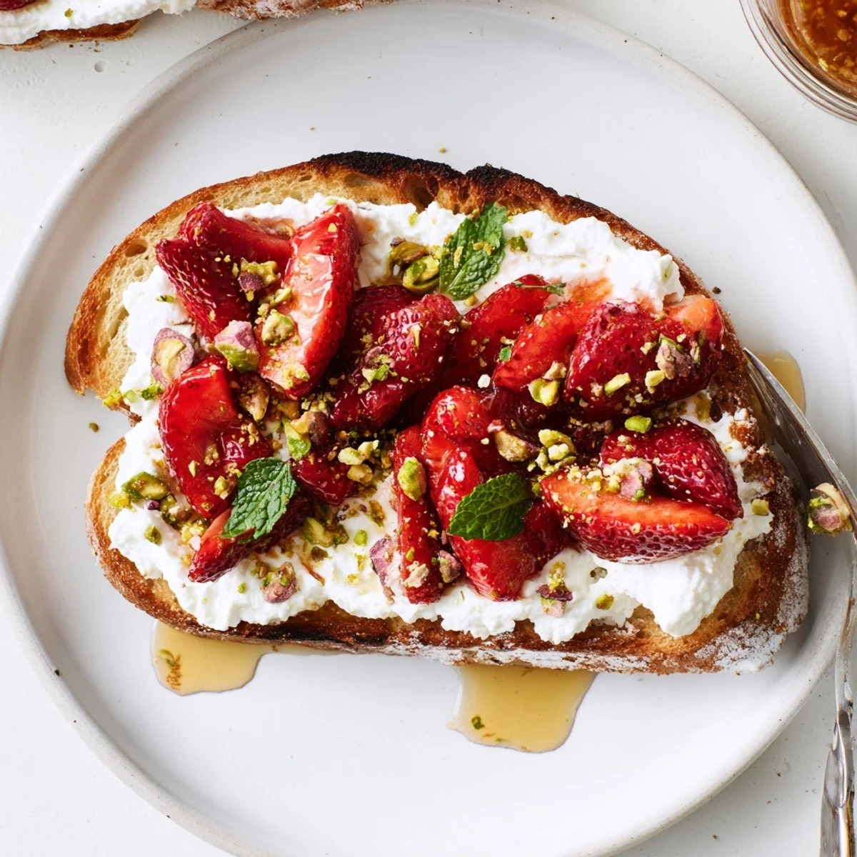 Golden sourdough slices loaded with creamy lemon ricotta and warm roasted strawberry topping
