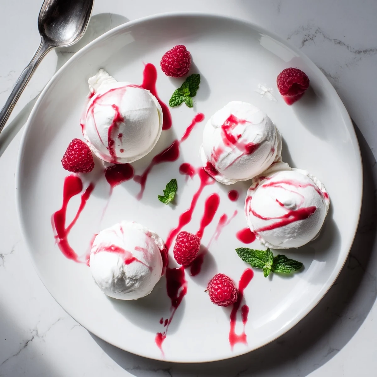 Crispy Pavlova bombs with cream filling and bright red raspberry coulis drizzled on top