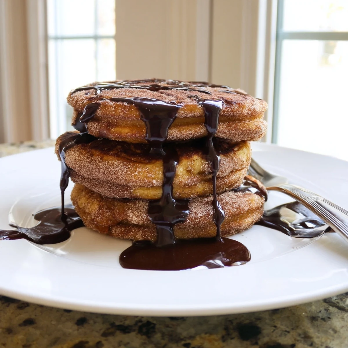 Stack of Spanish Churro Pancakes dusted with cinnamon sugar and drizzled chocolate sauce