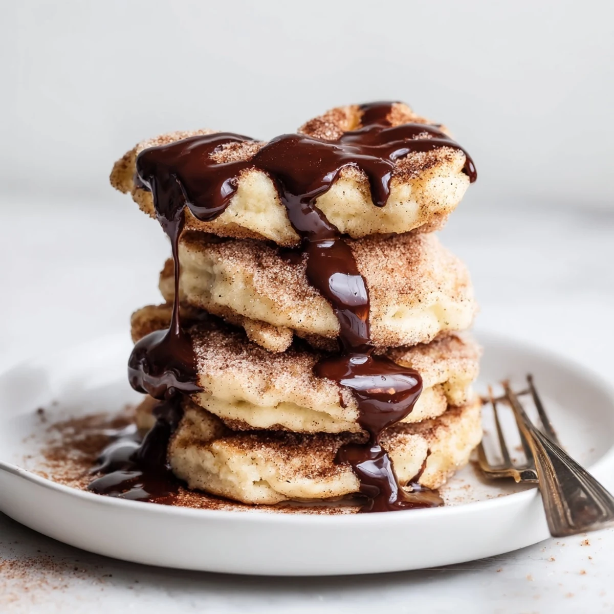 Fluffy Spanish Churro Pancakes coated in sweet cinnamon sugar on a white plate